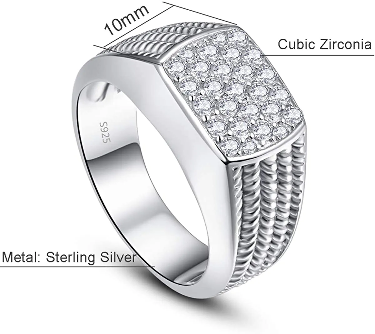 10MM Sterling Silver Mens Engagement Ring Twist Rope round Cubic Zirconia Pave CZ Wedding Ring for Men