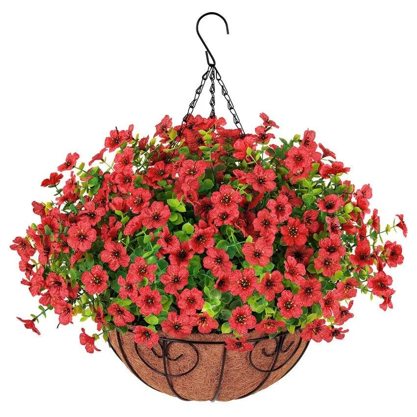 16 Artificial Daisy Mums with Hanging Basket- Red