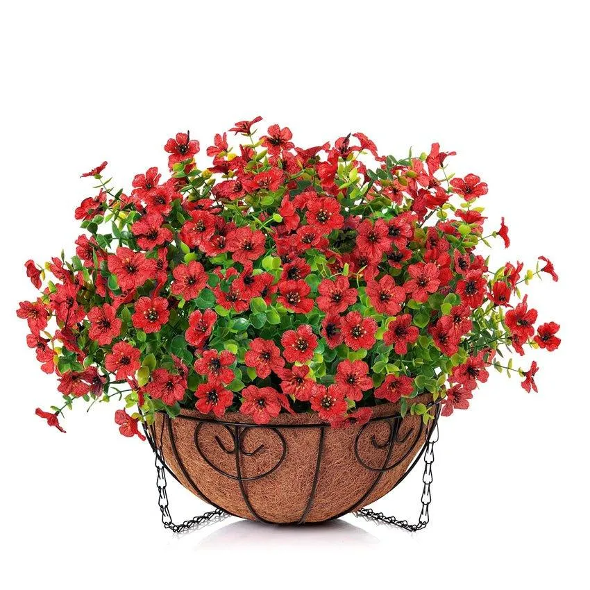 16 Artificial Daisy Mums with Hanging Basket- Red