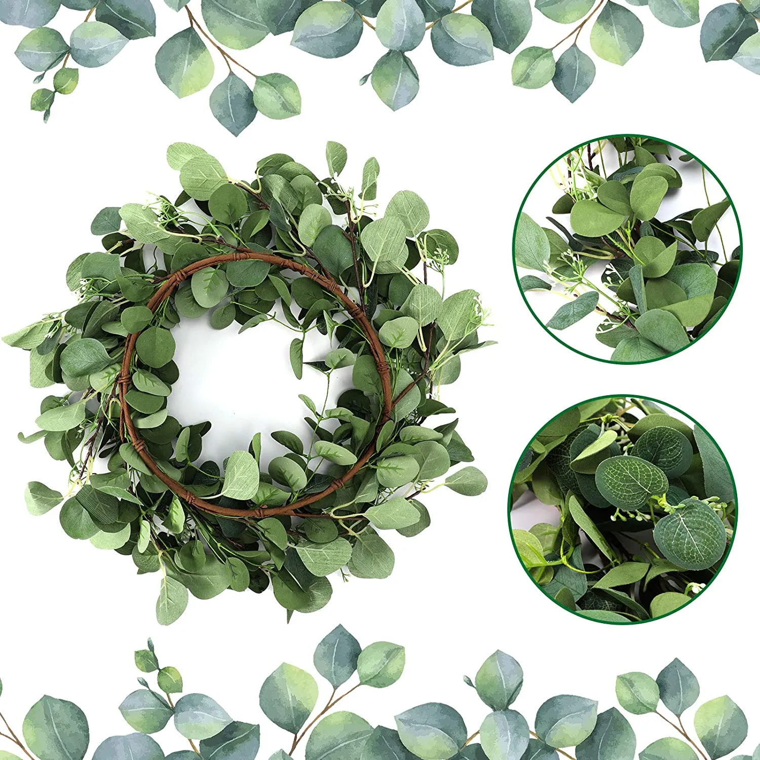 20 Inch Artificial Eucalyptus Wreath Green Eucalyptus Leaves Garland Hanging Greenery Wreath Ornament for Front Door Wall Window Indoor Outdoor