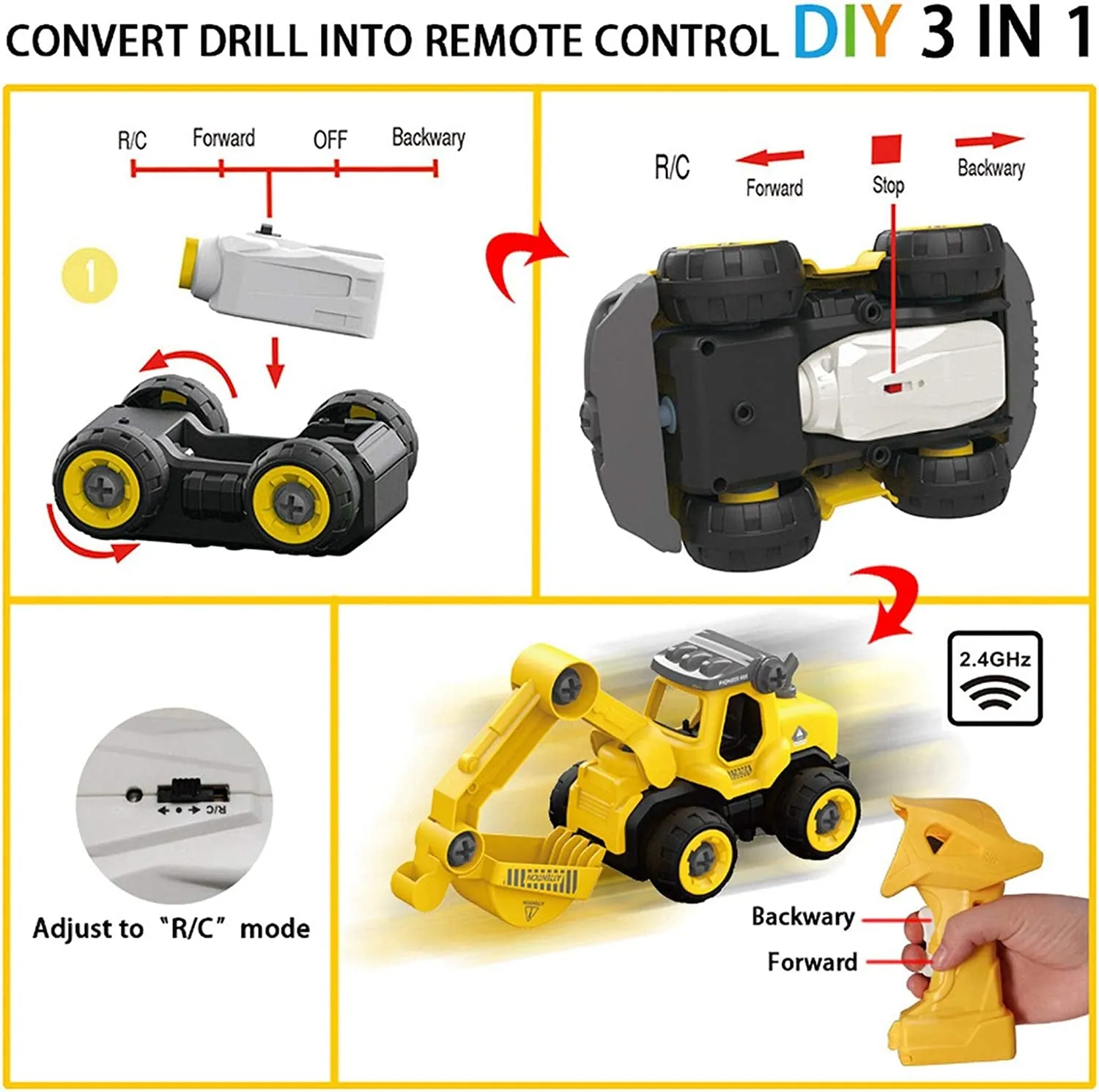 3 in 1 Construction Truck Take Apart Toys with Electric Drill, Converts to Remote Control Car, Kids DIY Stem Learning Building Toy, Gifts Toys for 3,4,5,6,7 Year Old Boys (Yellow)