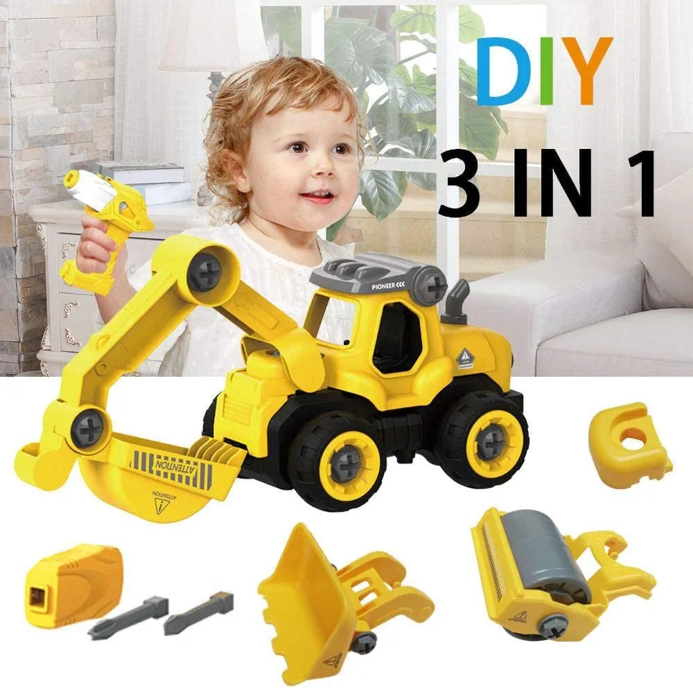 3 in 1 Construction Truck Take Apart Toys with Electric Drill, Converts to Remote Control Car, Kids DIY Stem Learning Building Toy, Gifts Toys for 3,4,5,6,7 Year Old Boys (Yellow)