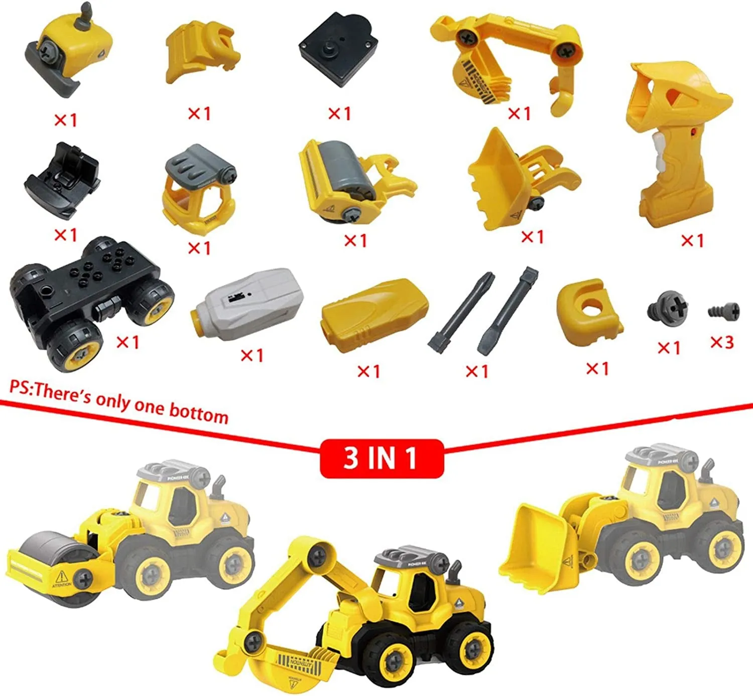 3 in 1 Construction Truck Take Apart Toys with Electric Drill, Converts to Remote Control Car, Kids DIY Stem Learning Building Toy, Gifts Toys for 3,4,5,6,7 Year Old Boys (Yellow)