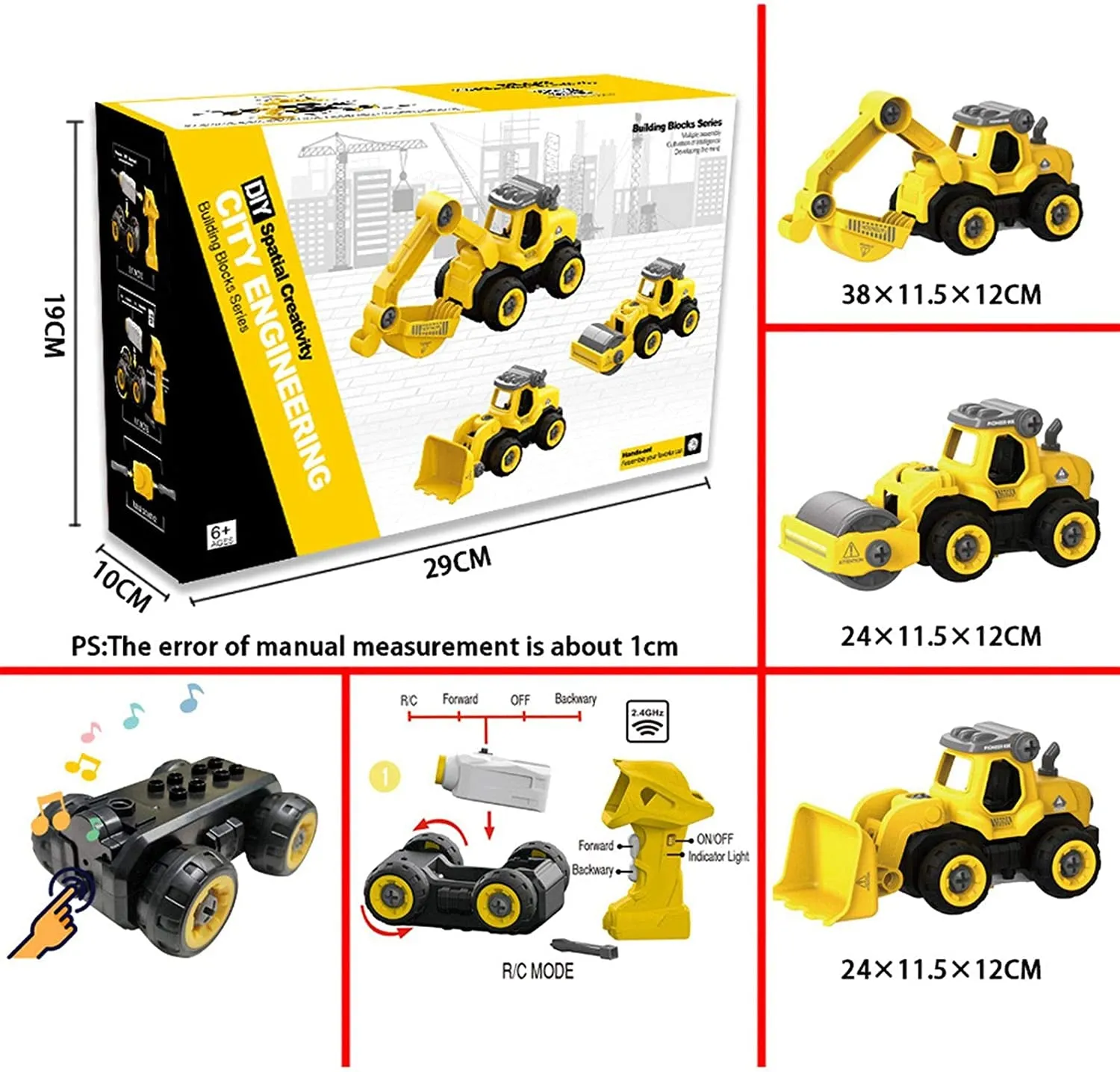 3 in 1 Construction Truck Take Apart Toys with Electric Drill, Converts to Remote Control Car, Kids DIY Stem Learning Building Toy, Gifts Toys for 3,4,5,6,7 Year Old Boys (Yellow)