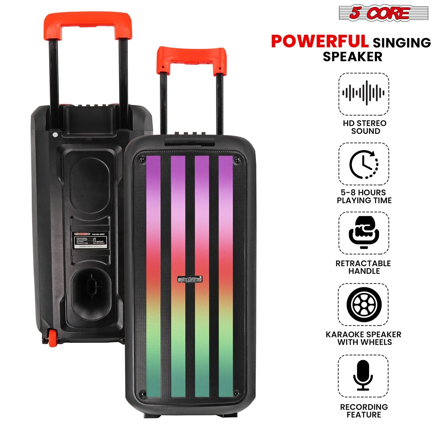 5 Core 8 In Bluetooth Speaker Boom Box Party Karaoke Machine Portable PA Bocina w/ 2 Wireless Mic PLB 8X2 2MIC