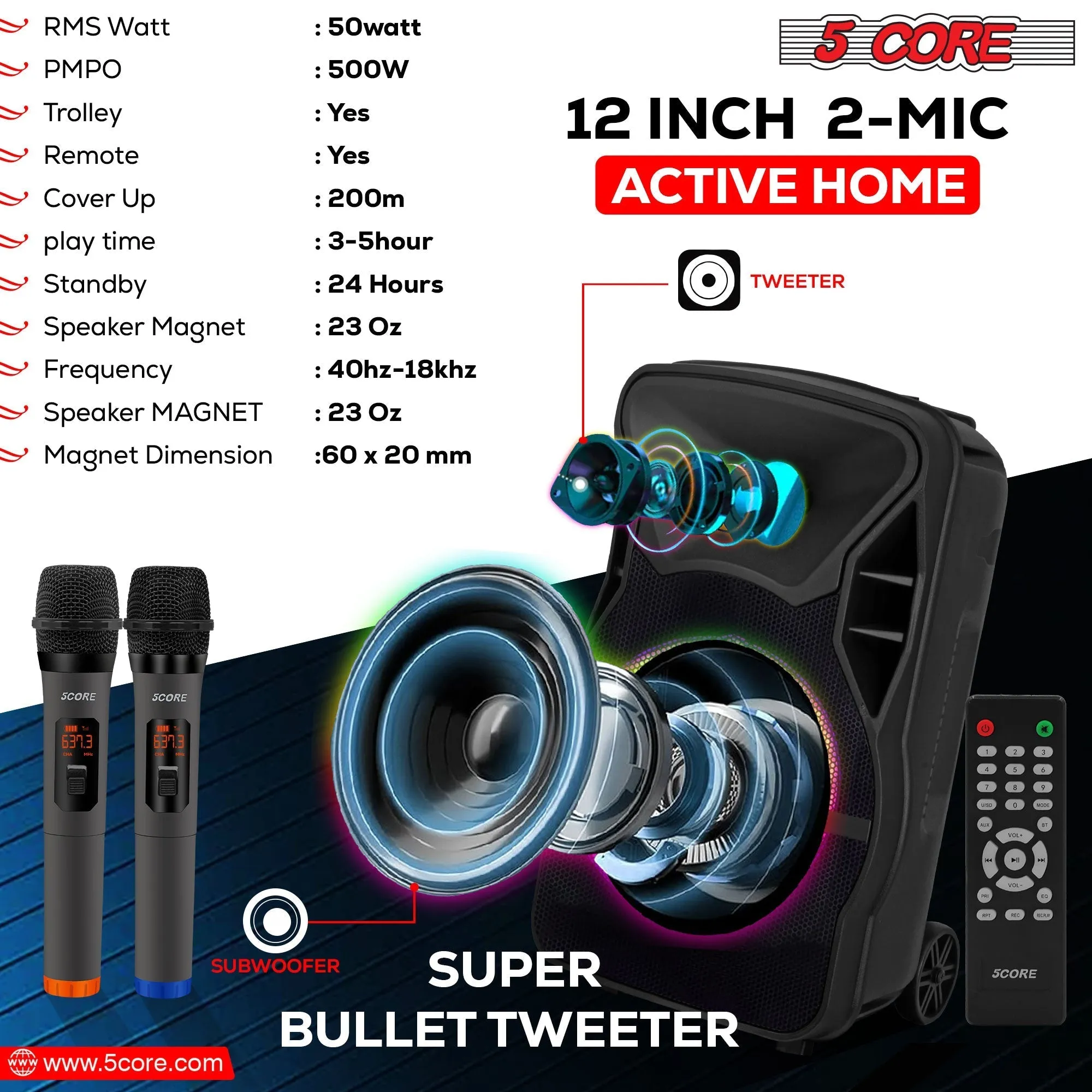 5 Core DJ Speakers 12 Rechargeable Powered PA System 250W Loud Speaker - ACTIVE HOME 12 2-MIC