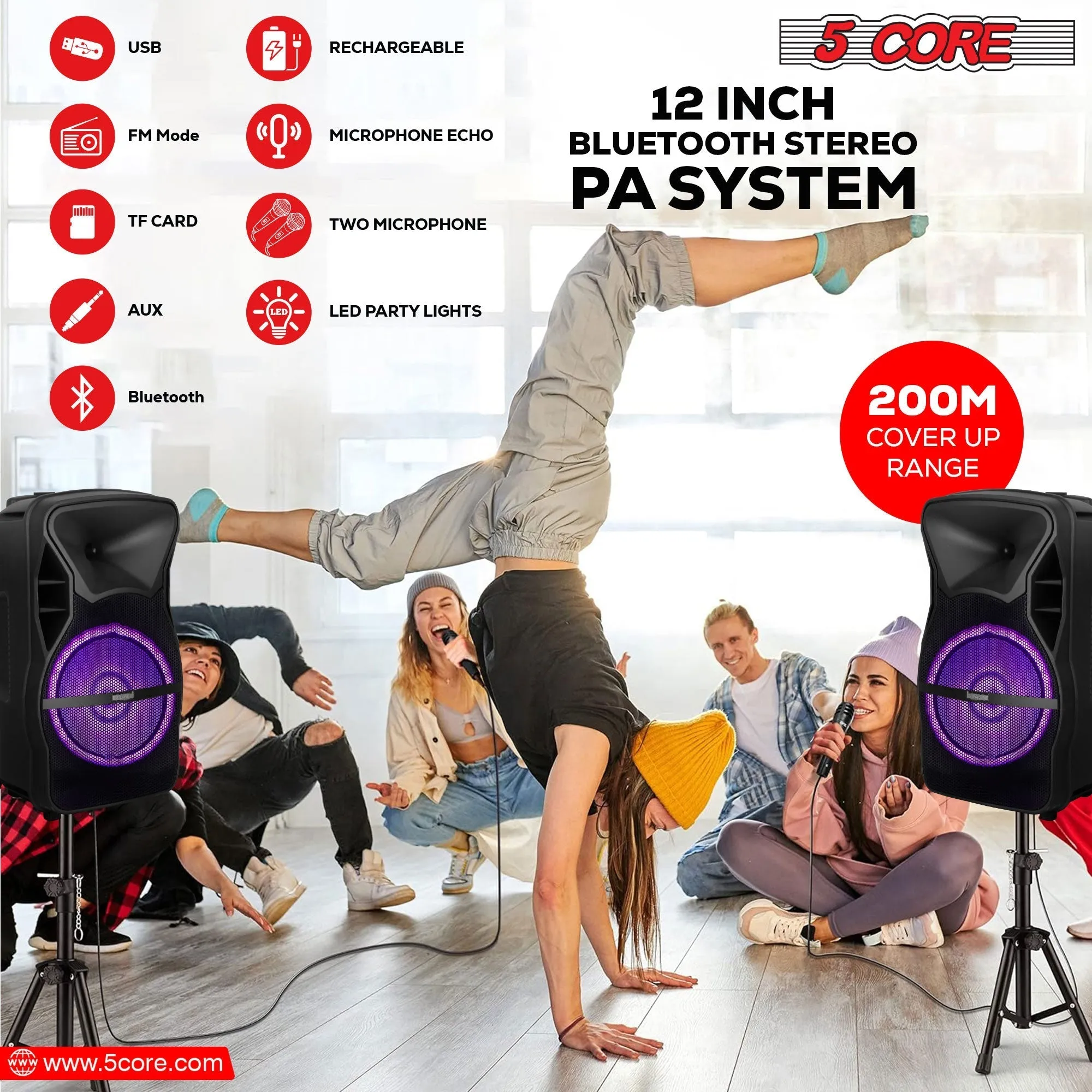 5 Core DJ Speakers 12 Rechargeable Powered PA System 250W Loud Speaker - ACTIVE HOME 12 2-MIC