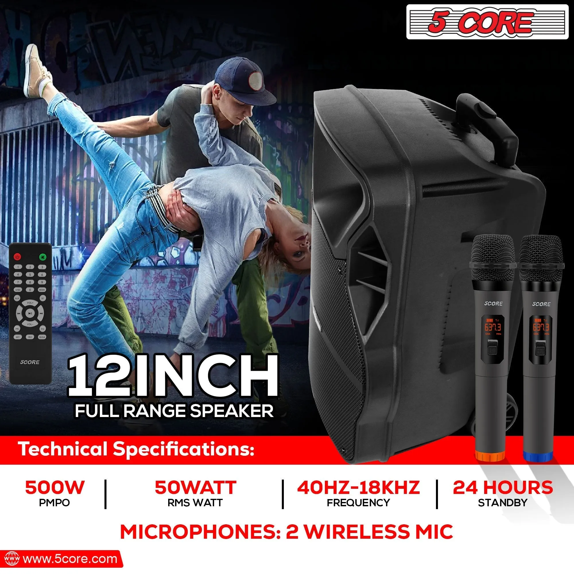 5 Core DJ Speakers 12 Rechargeable Powered PA System 250W Loud Speaker - ACTIVE HOME 12 2-MIC