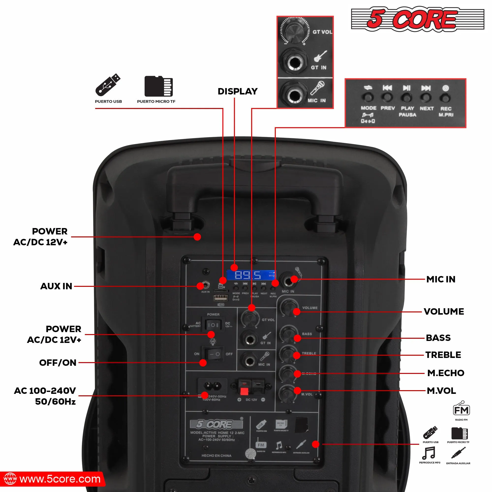 5 Core DJ Speakers 12 Rechargeable Powered PA System 250W Loud Speaker - ACTIVE HOME 12 2-MIC