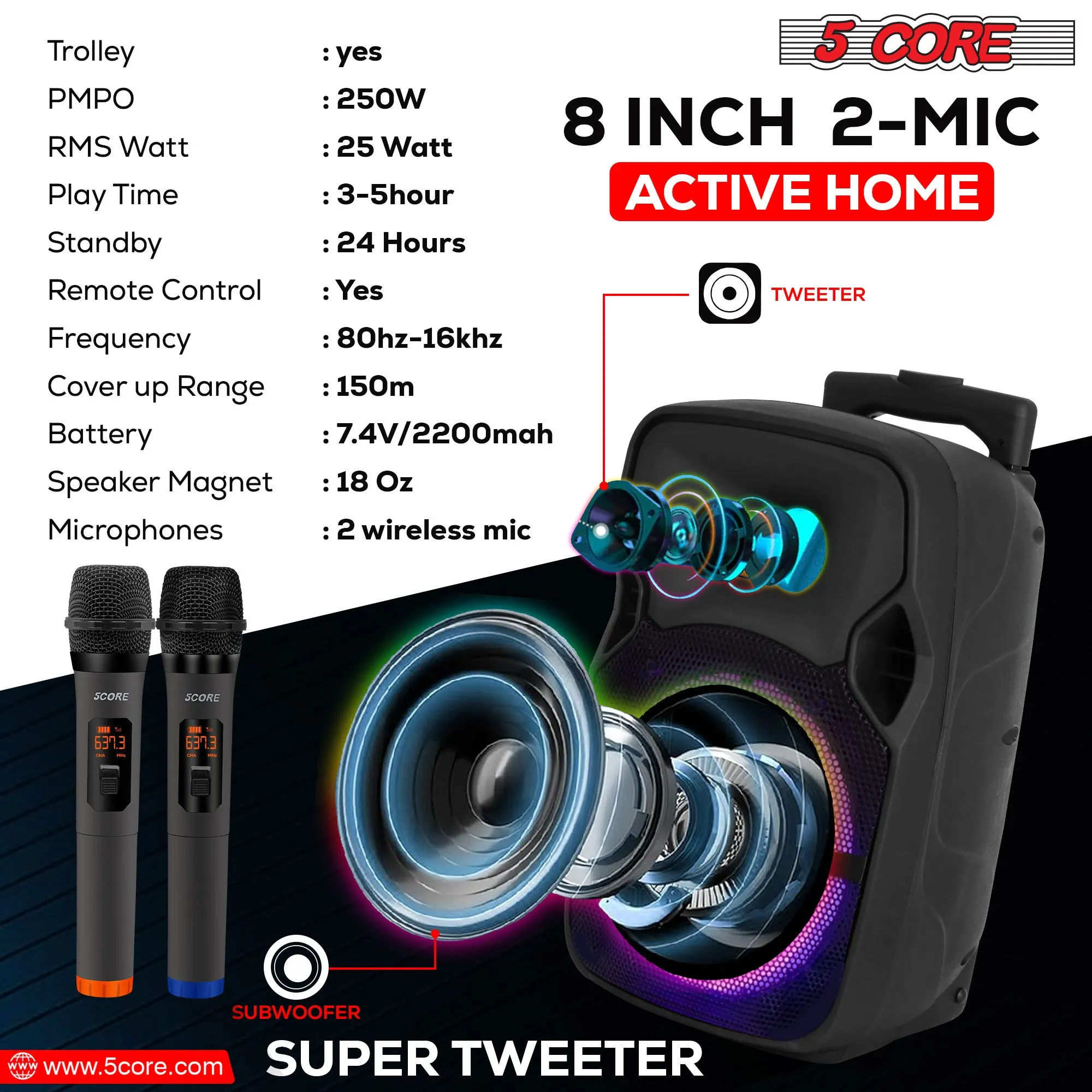 5 Core DJ Speakers 8 Rechargeable Powered PA System 250W Loud Speaker - Active Home 8 2-MIC