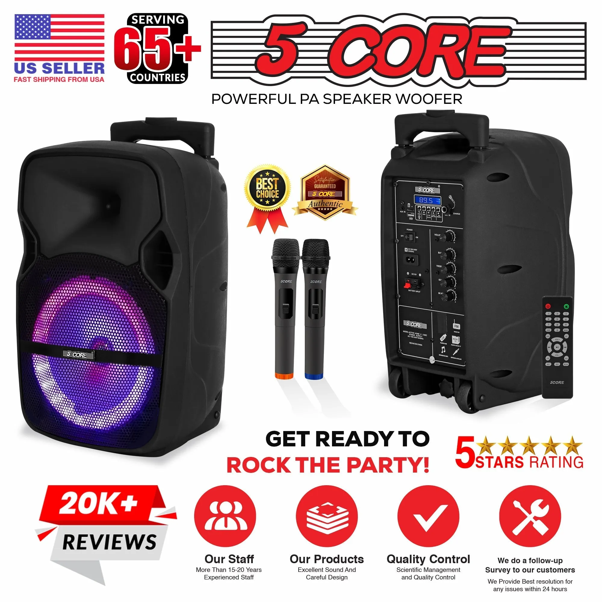 5 Core DJ Speakers 8 Rechargeable Powered PA System 250W Loud Speaker - Active Home 8 2-MIC