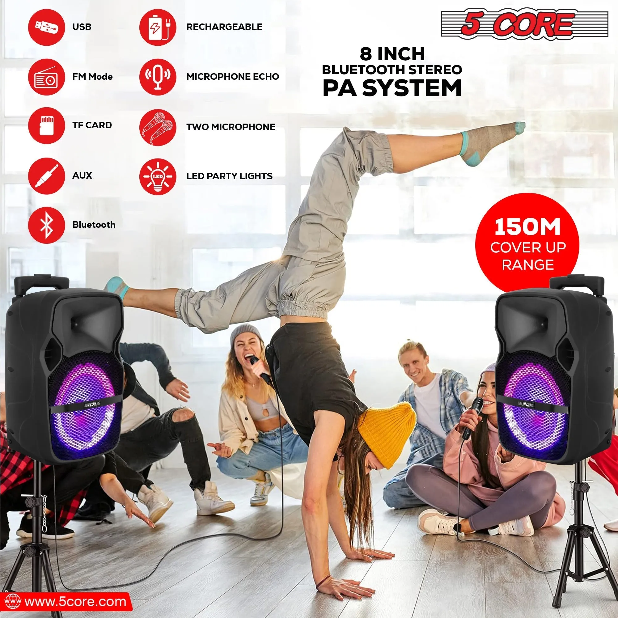 5 Core DJ Speakers 8 Rechargeable Powered PA System 250W Loud Speaker - Active Home 8 2-MIC