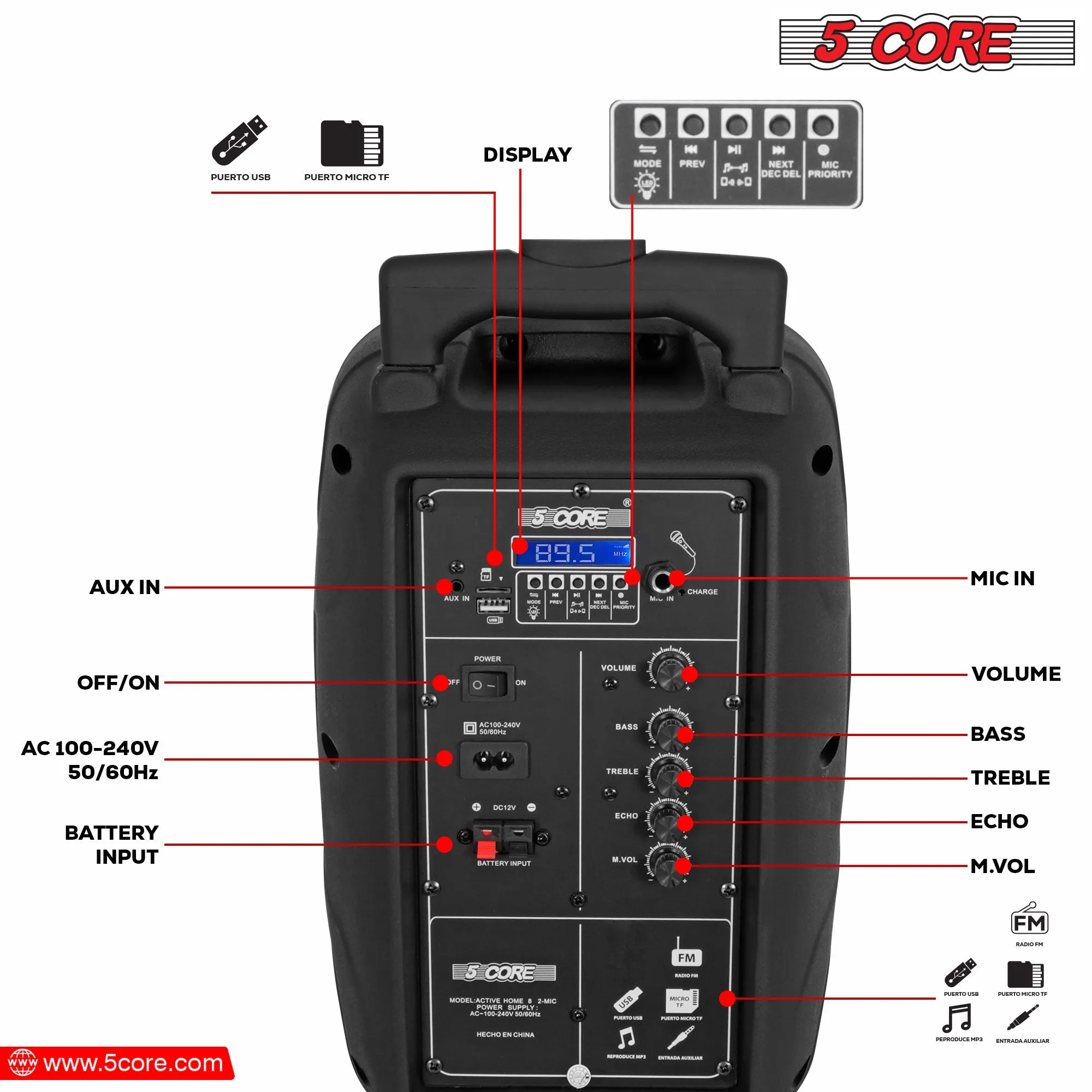 5 Core DJ Speakers 8 Rechargeable Powered PA System 250W Loud Speaker - Active Home 8 2-MIC