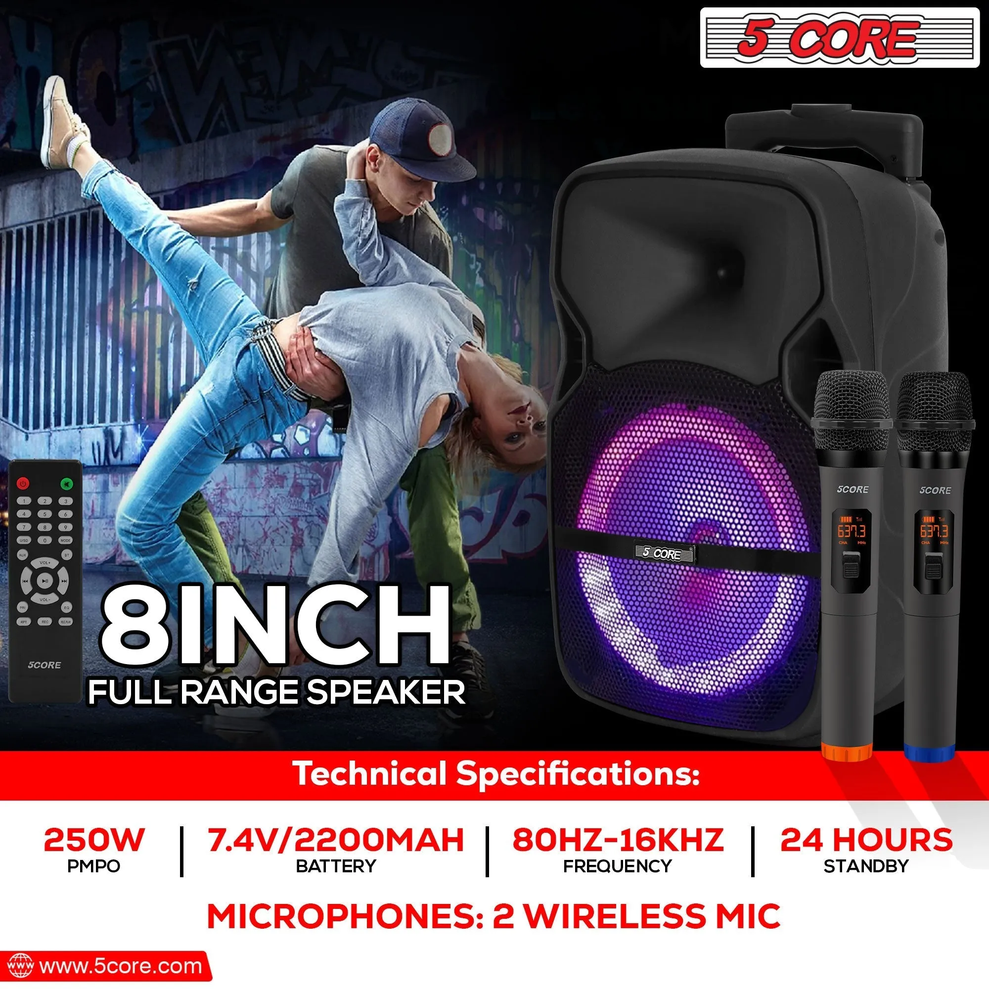 5 Core DJ Speakers 8 Rechargeable Powered PA System 250W Loud Speaker - Active Home 8 2-MIC