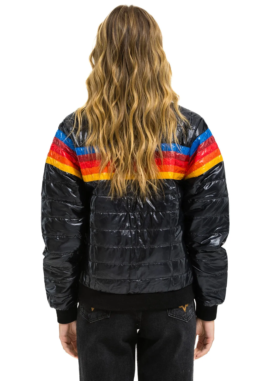 5 STRIPE RAINBOW SLEEVE  JACKET - GLOSSY BLACK