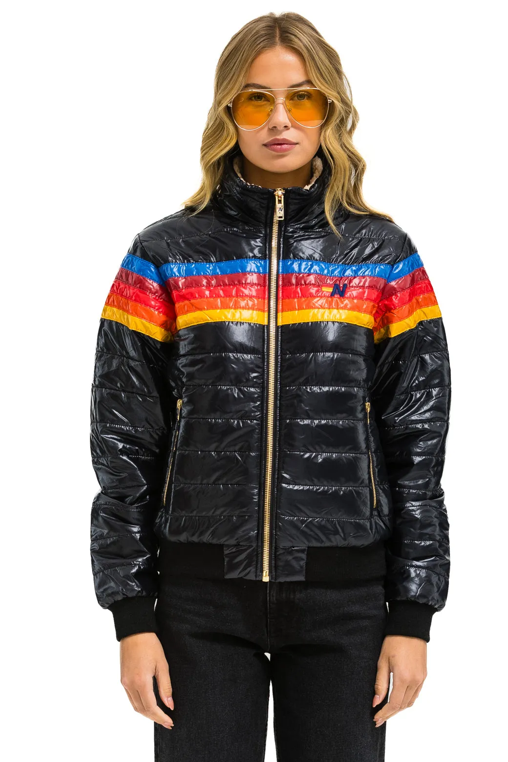 5 STRIPE RAINBOW SLEEVE  JACKET - GLOSSY BLACK