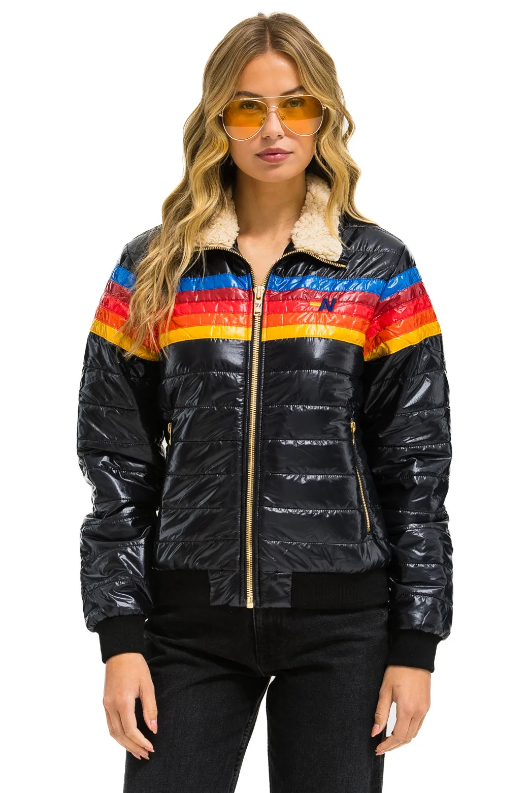 5 STRIPE RAINBOW SLEEVE  JACKET - GLOSSY BLACK