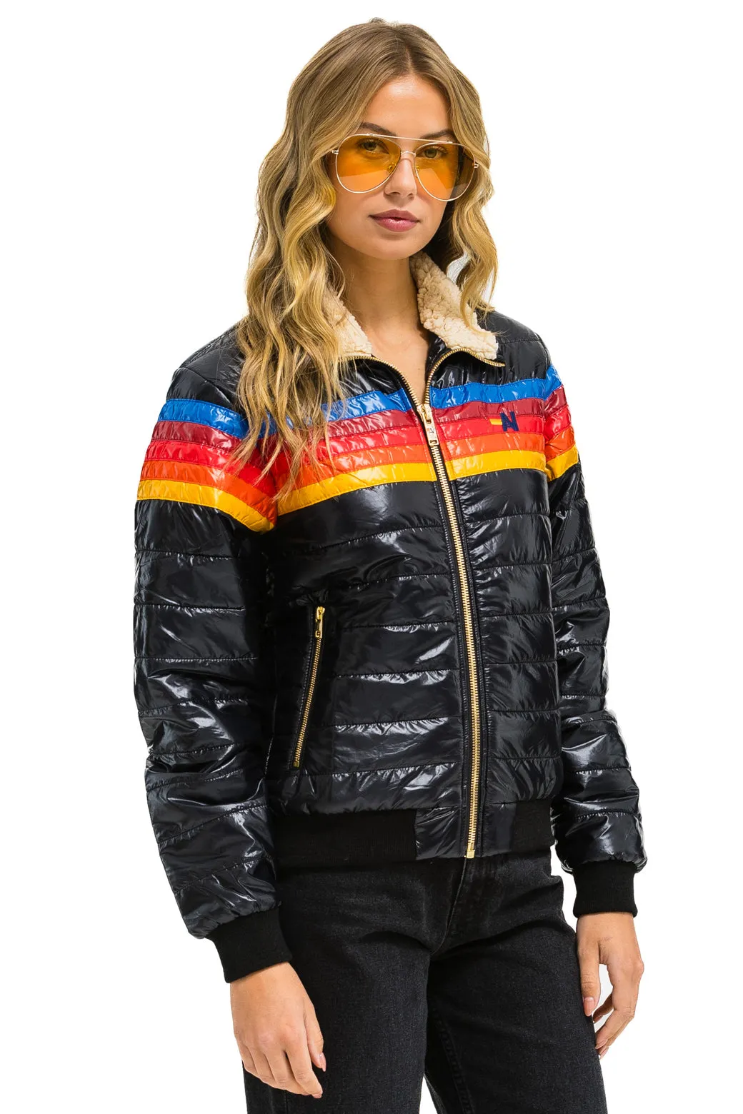 5 STRIPE RAINBOW SLEEVE  JACKET - GLOSSY BLACK