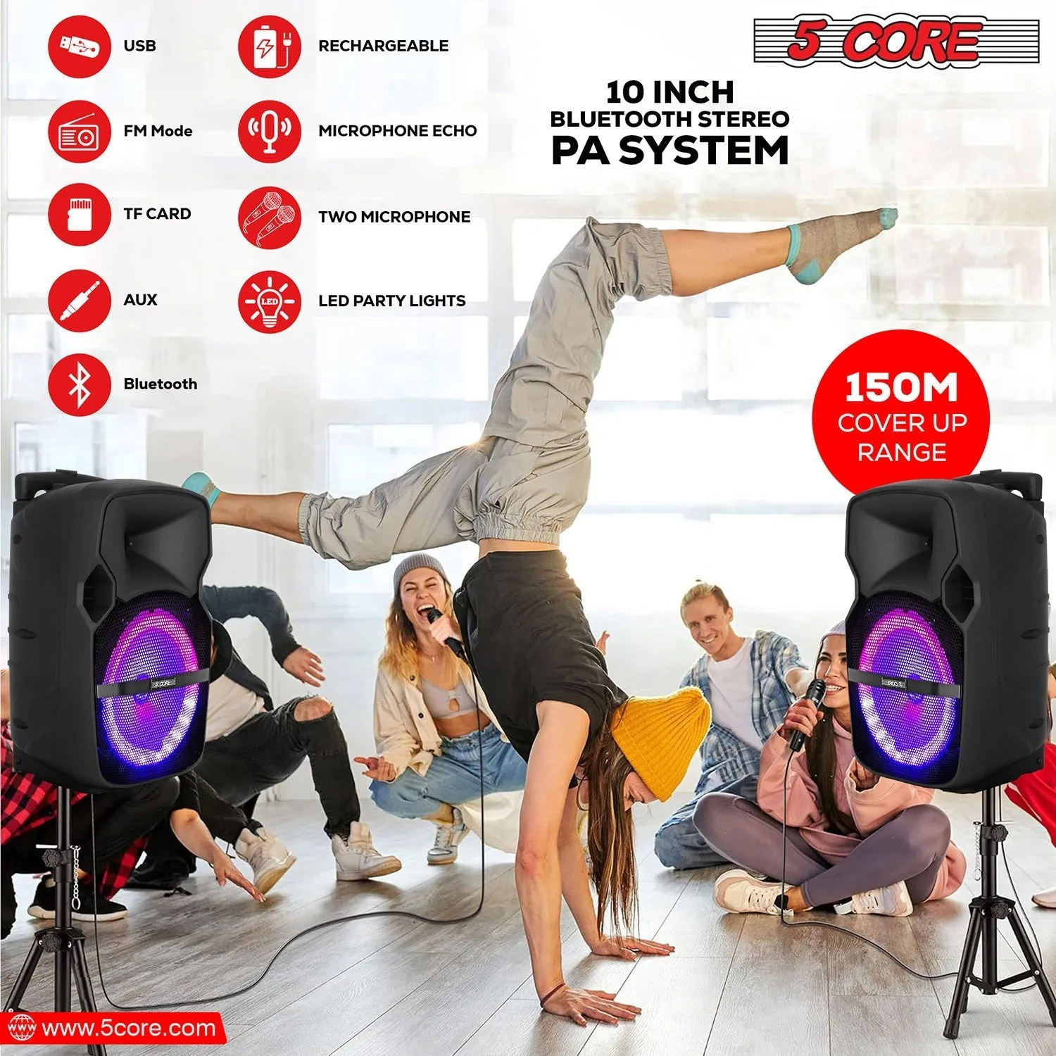 5Core 10 Inch PA Monitor DJ Speaker Bluetooth 400W  Portable Audio System   2 UHF Wireless Microphones Black