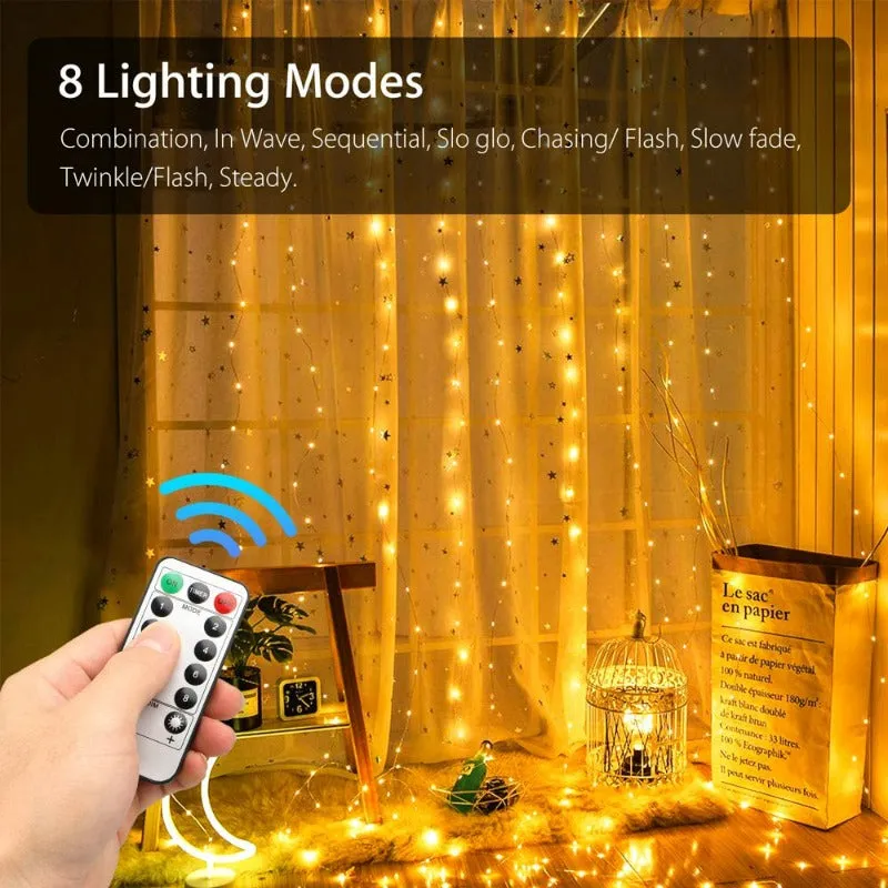 9.8Ft Window Curtain String Light Outdoor,  300 LED Curtain Fairy Lights with Remote Timer, USB Powered Twinkle Lights with 8 Lighting Modes for Home