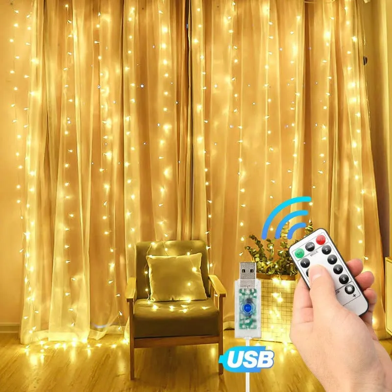 9.8Ft Window Curtain String Light Outdoor,  300 LED Curtain Fairy Lights with Remote Timer, USB Powered Twinkle Lights with 8 Lighting Modes for Home