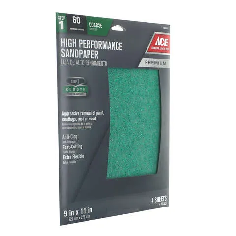 Ace 11 in. L X 9 in. W 60 Grit Aluminum Oxide Sandpaper 4 pk