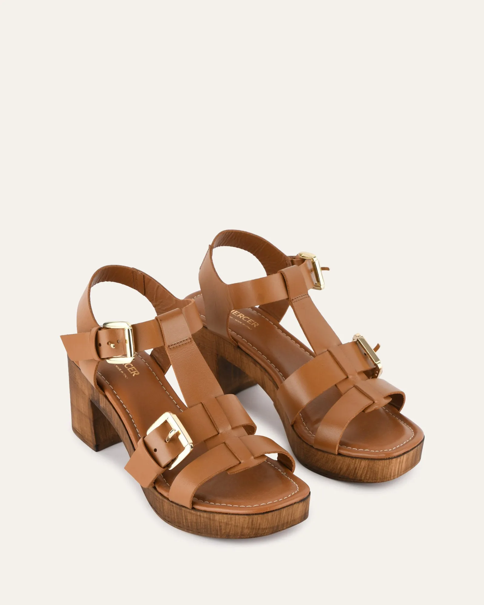 CATERINA MID HEEL CLOG SANDALS TAN LEATHER