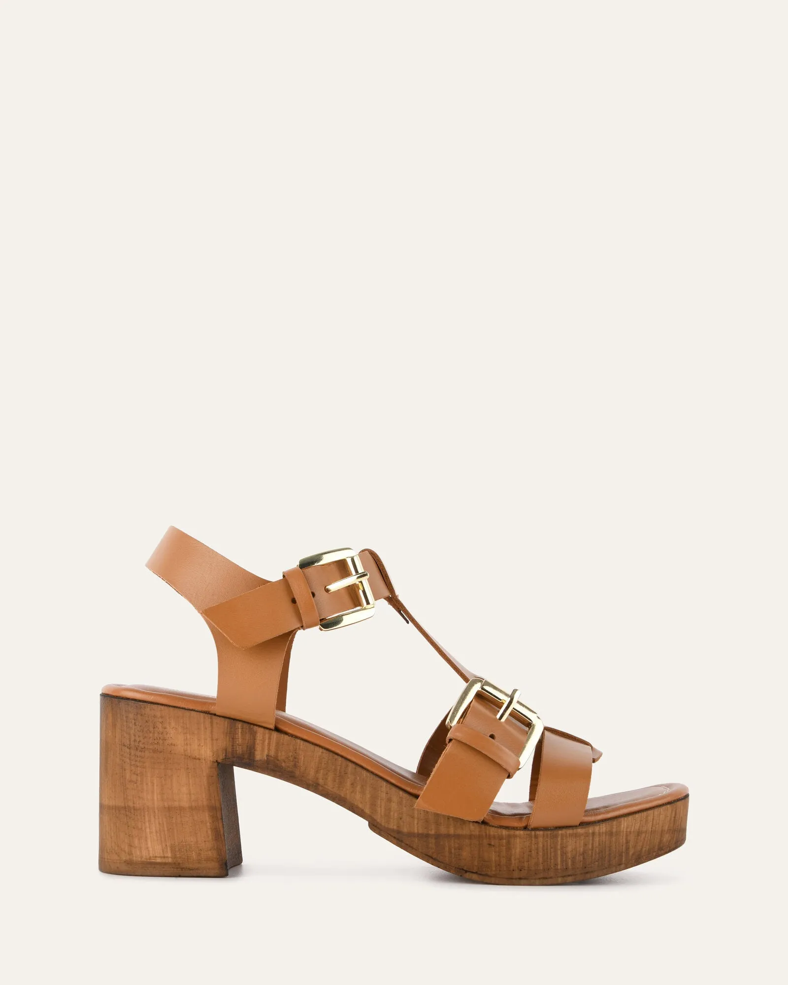 CATERINA MID HEEL CLOG SANDALS TAN LEATHER