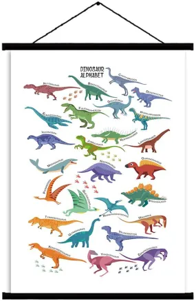 CHDITB Dinosaur Art Print Magnetic Natural Black Wood Hanger Frame Poster,Canvas Animal Dinosaur Alphabet Painting 28X45cm Wall Hanging Art Print for Kids Room Classroom Nursery Decor