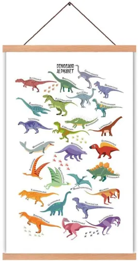 CHDITB Dinosaur Art Print Magnetic Natural Wood Hanger Frame Poster,Canvas Animal Dinosaur Alphabet Painting 28X45cm Wall Hanging Art Print for Kids Room Classroom Nursery Decor