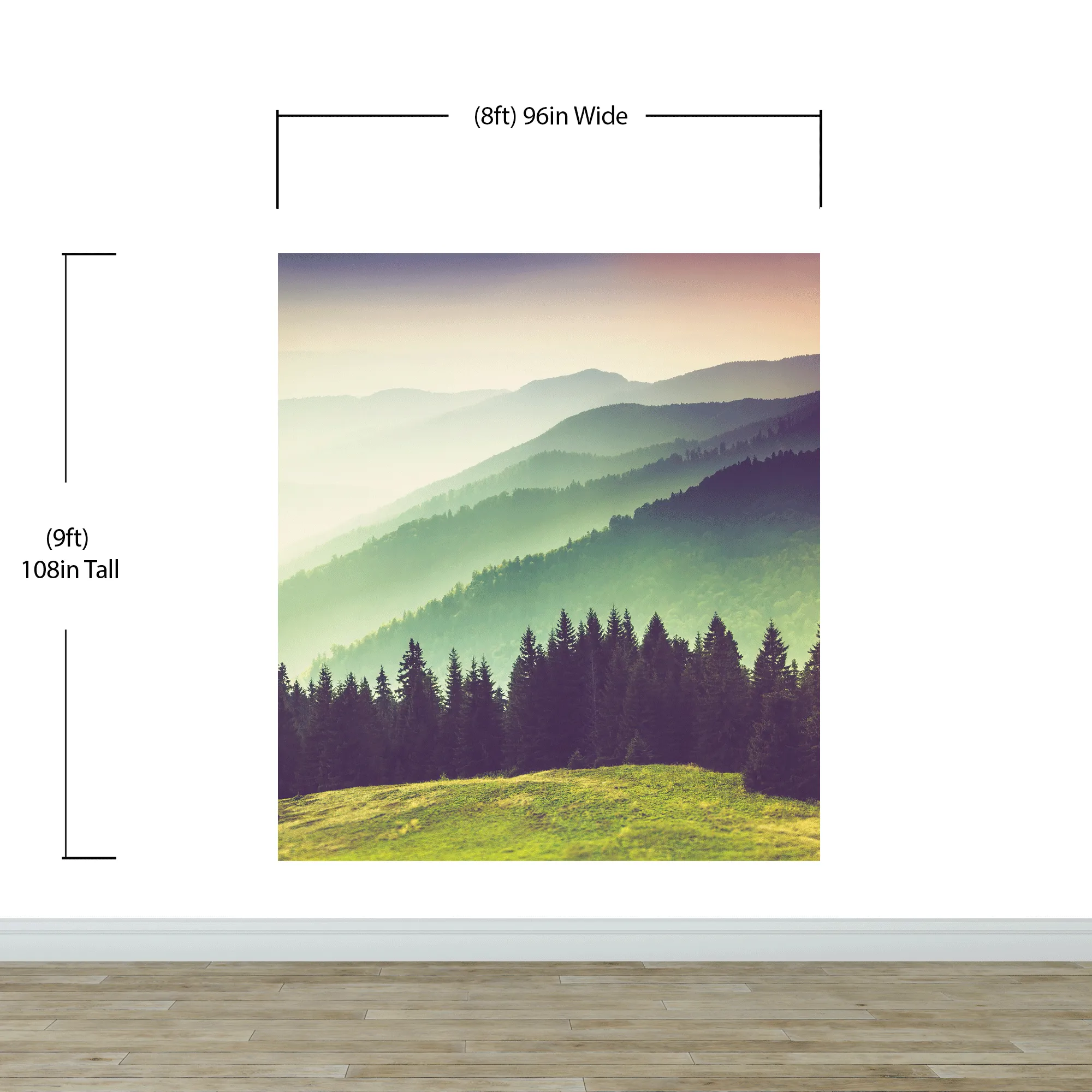 Colorful Foggy Mountain Forest View Wall Mural | Peel and Stick Wallpaper. #6159