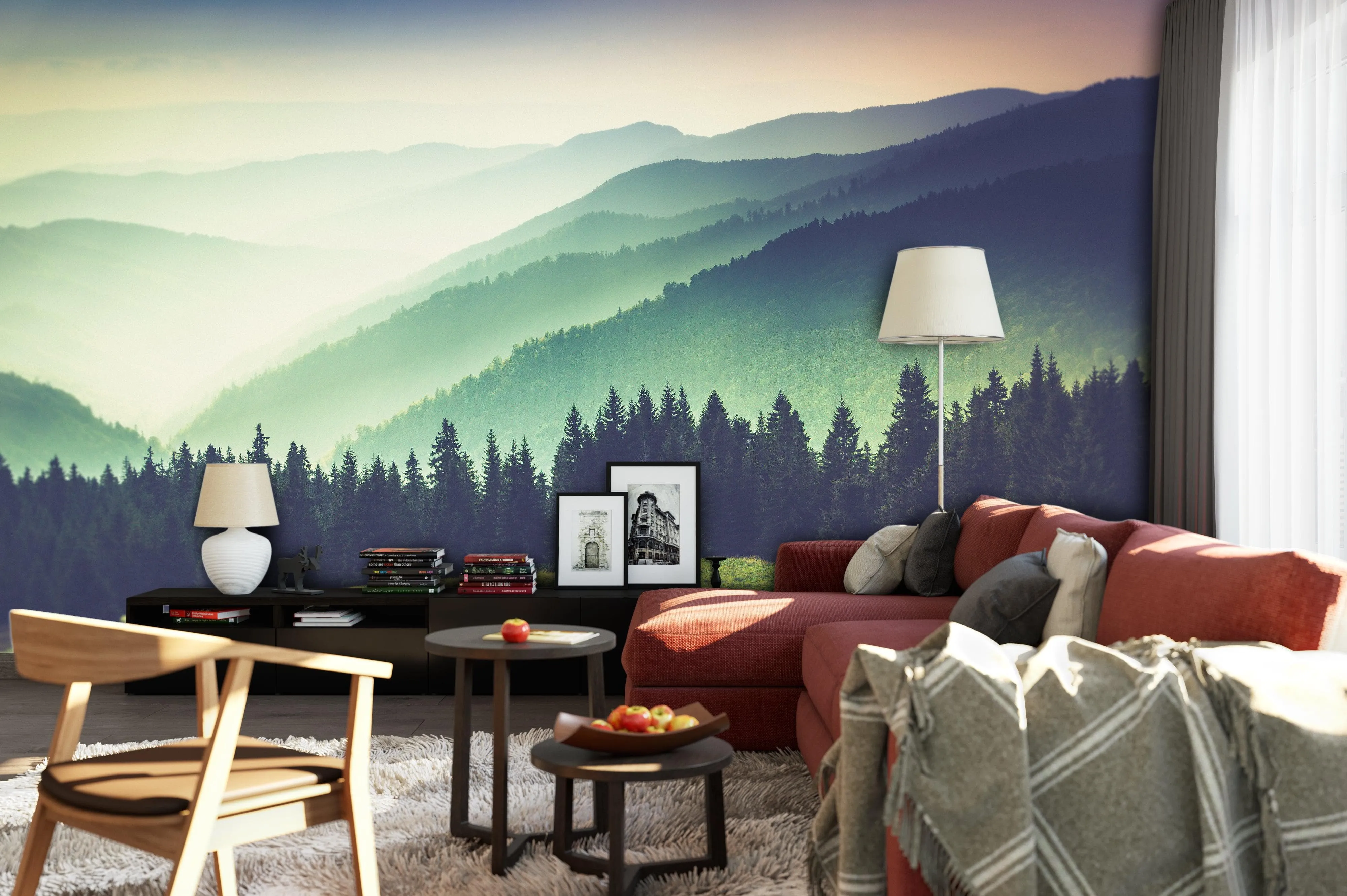 Colorful Foggy Mountain Forest View Wall Mural | Peel and Stick Wallpaper. #6159