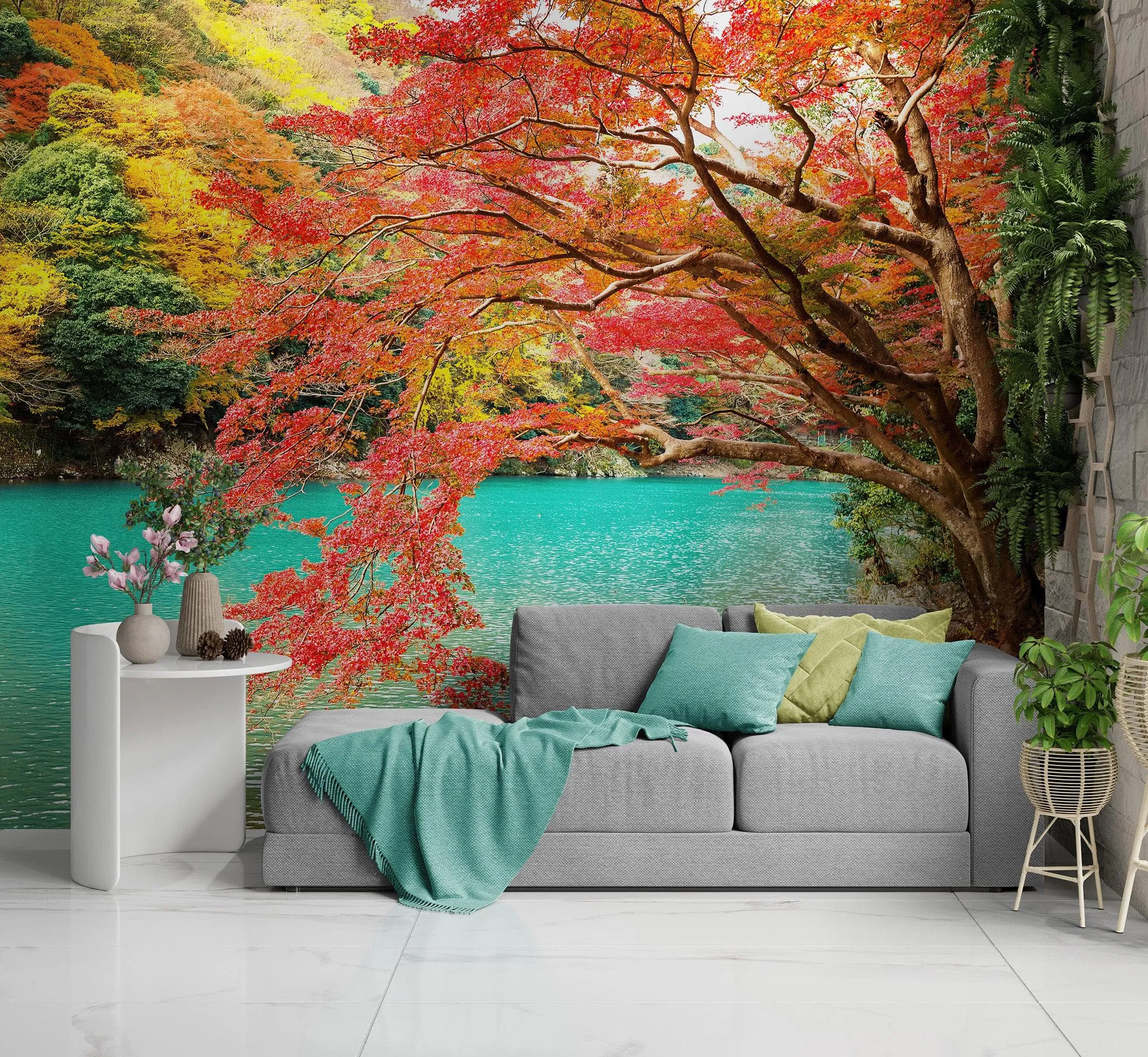 Colorful Teal Water Lake View Landscape Wallpaper Mural. #6745