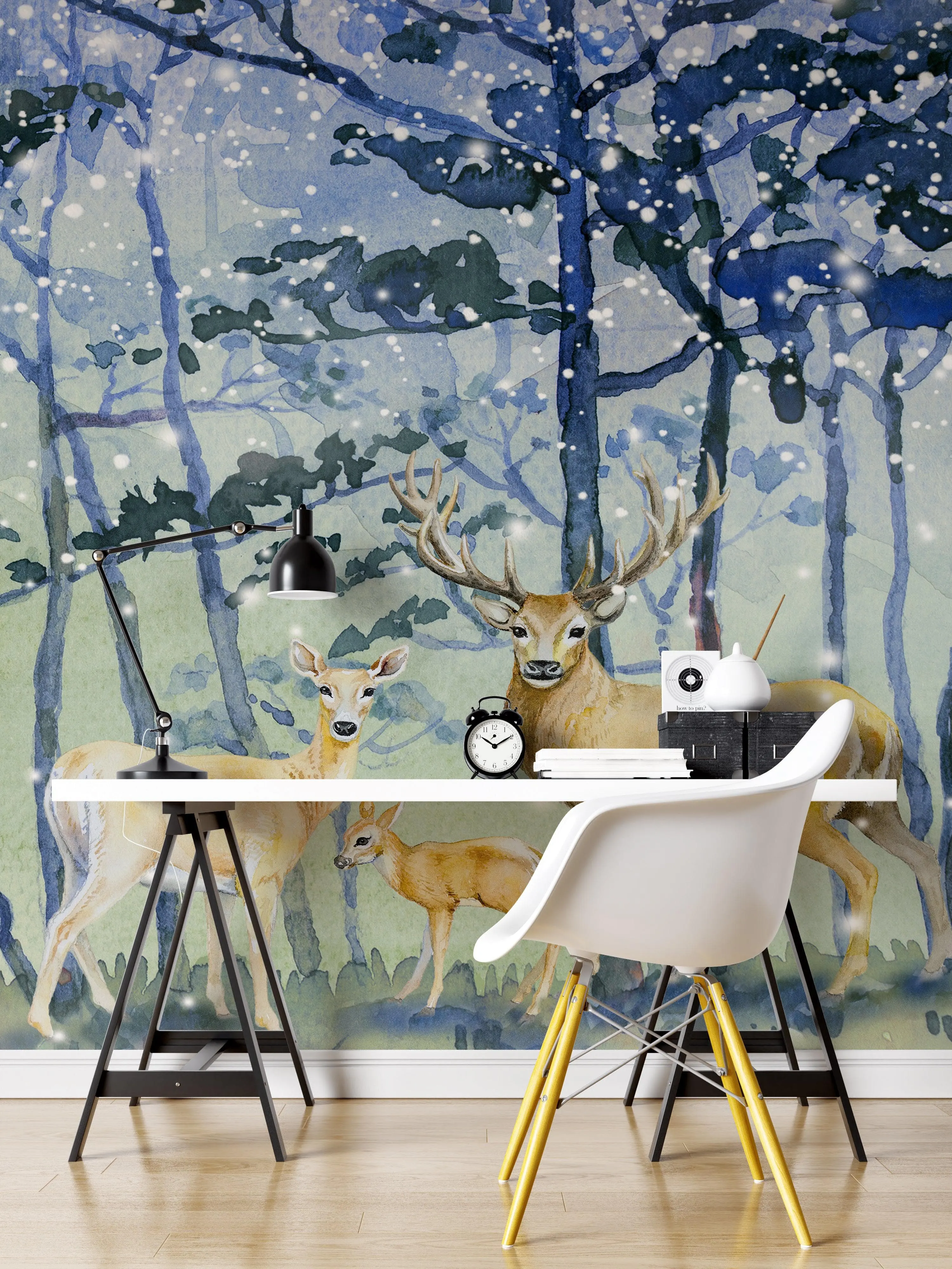 Deer Family in Snow Forest Peel and Stick Wallpaper | Removable Wall Mural. #6218