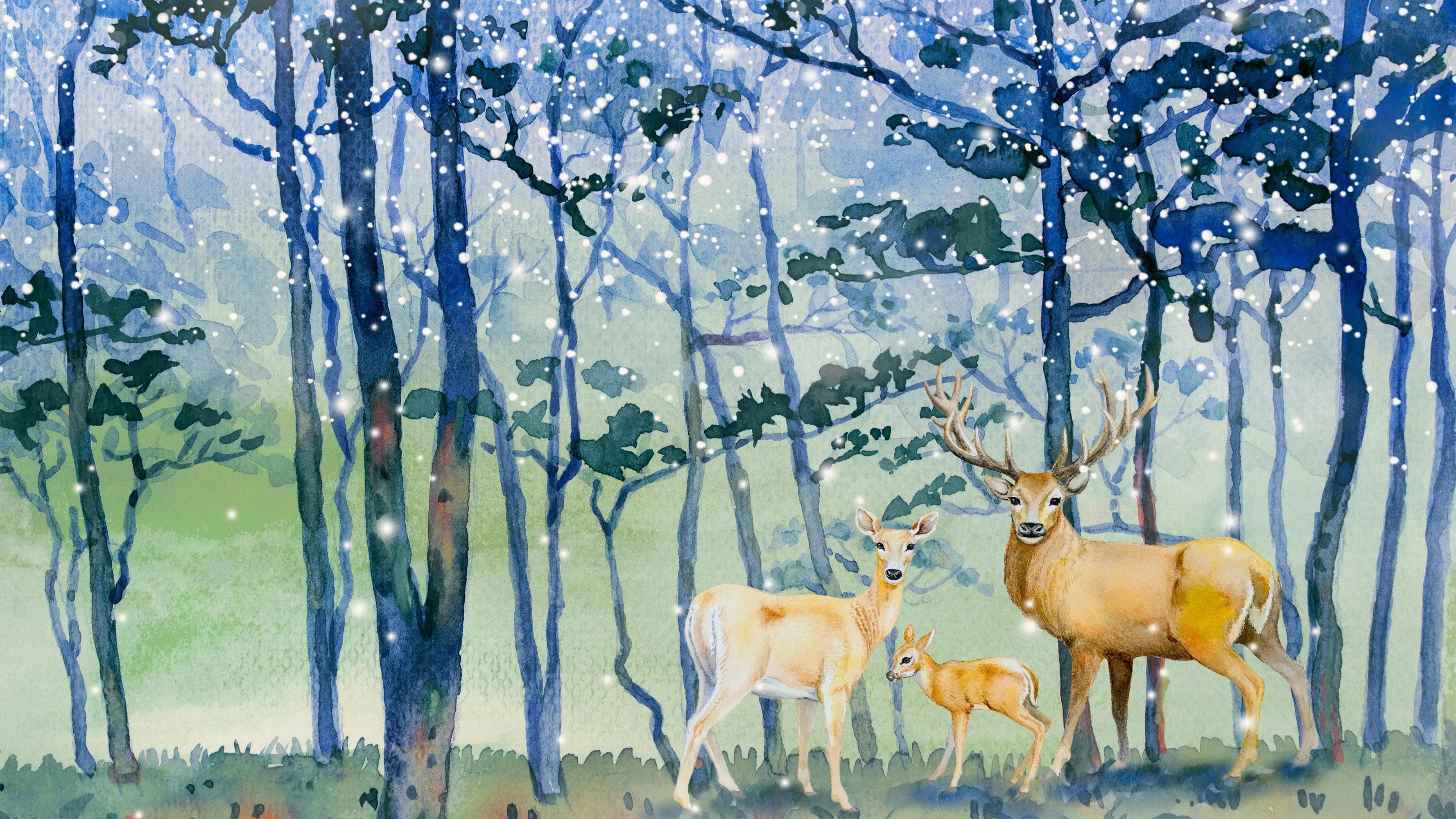 Deer Family in Snow Forest Peel and Stick Wallpaper | Removable Wall Mural. #6218