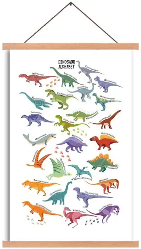 Dinosaur Art Print Magnetic Natural Wood Hanger Frame Poster, Canvas Animal Dinosaur Alphabet Painting 40X64cm Wall Hanging Art Print for Kids Room Classroom Nursery Decor