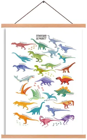 Dinosaur Poster Cartoon Art Print Magnetic Natural Wood Hanger Frame Poster, Canvas Animal Dinosaur Alphabet Painting 35X56cm Wall Hanging Art Print for Kids Room Classroom Nursery Decor