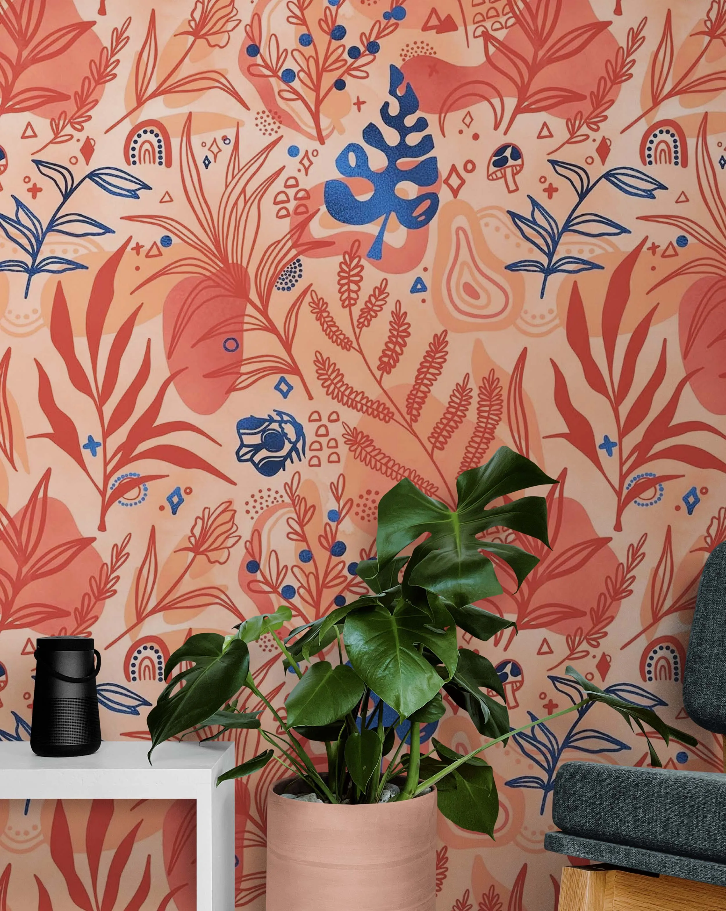 Fern Botanical Wallpaper. Colorful Orange Wall Mural. #6558