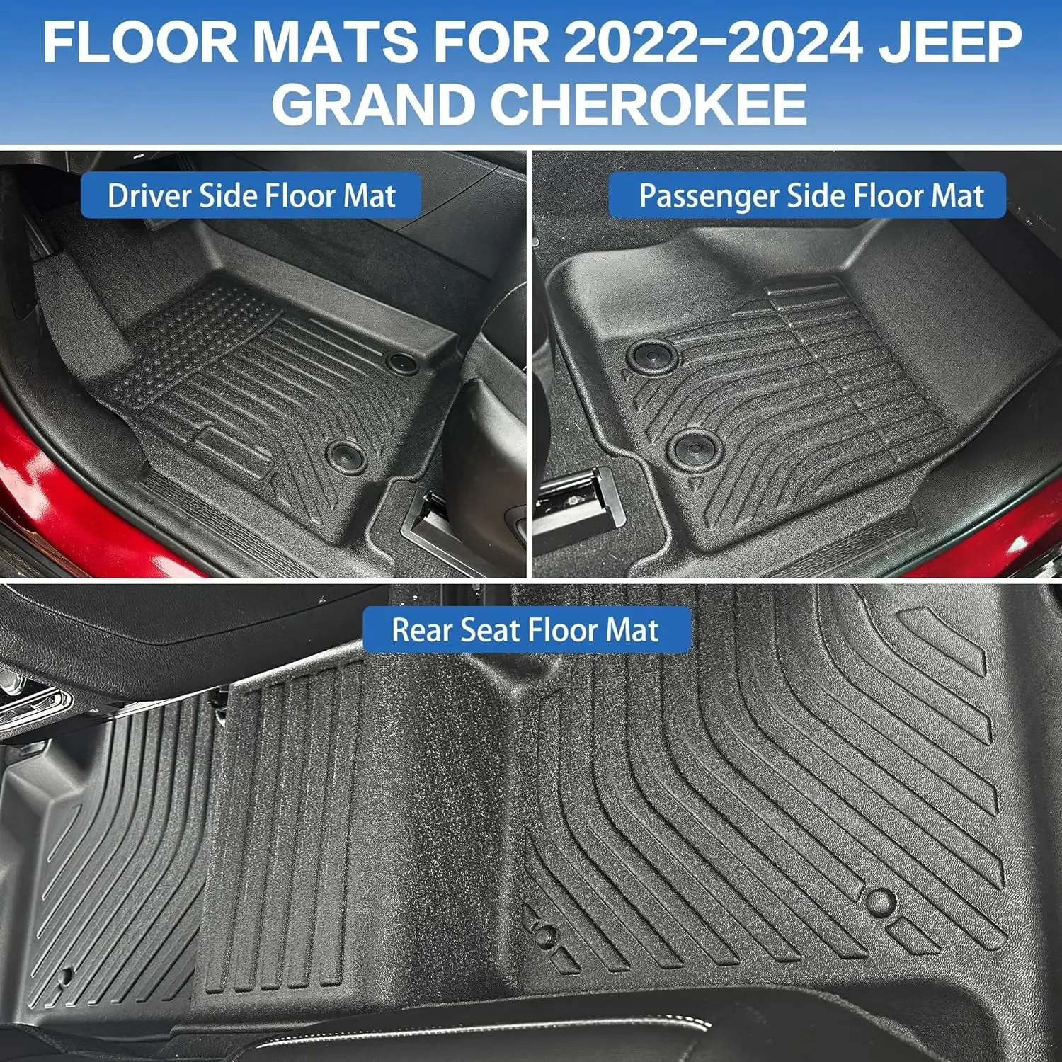 Floor Mats Fit for Jeep Grand Cherokee 2022 2023 2024 All-Weather TPE Floor Liner Set of 4 Mats, Black