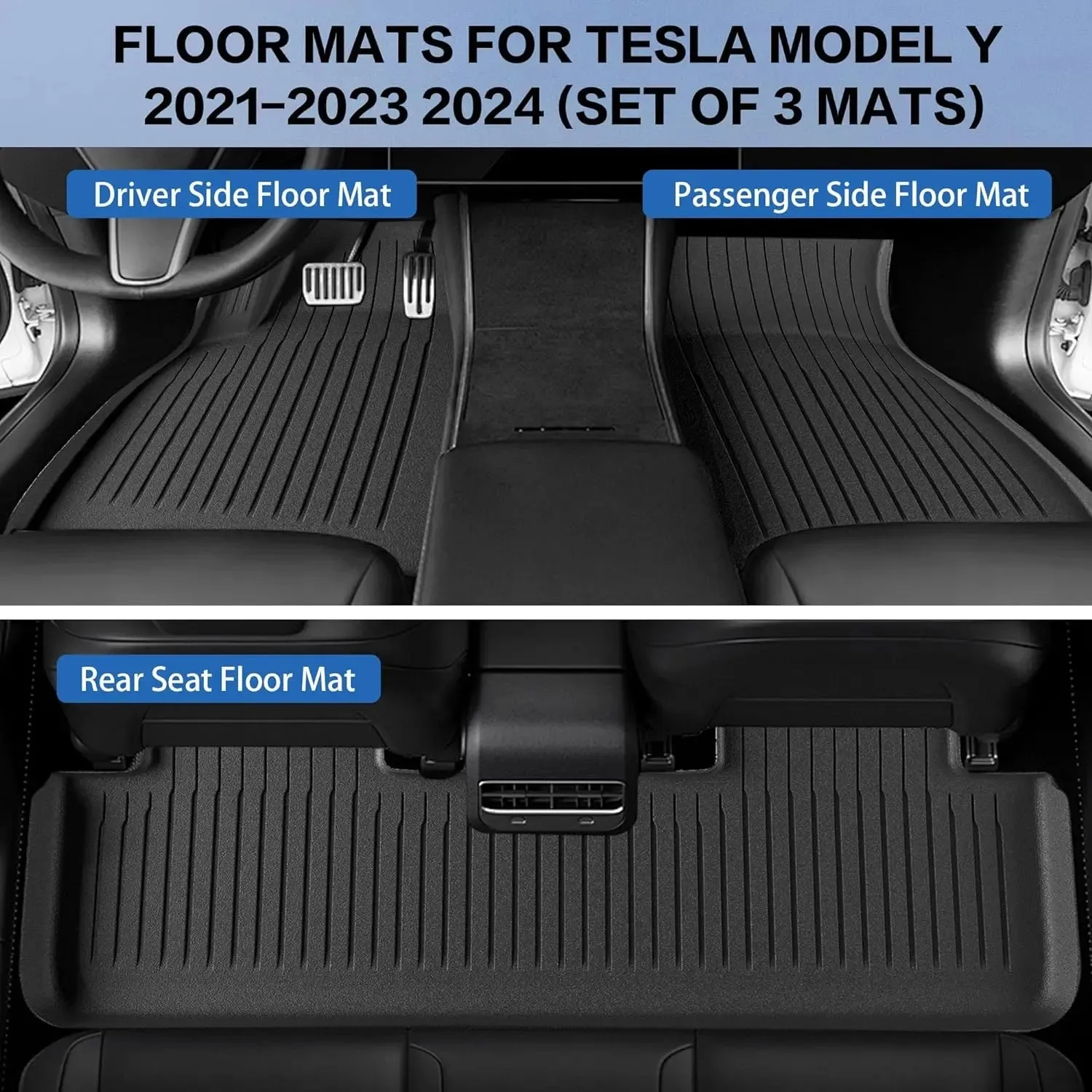 Floor Mats for 2021 2022 2023 2024 Tesla Model Y 5 Seats, All Weather TPE Waterproof Anti-Slip Custom fit Front & Rear Full Set Car Mats