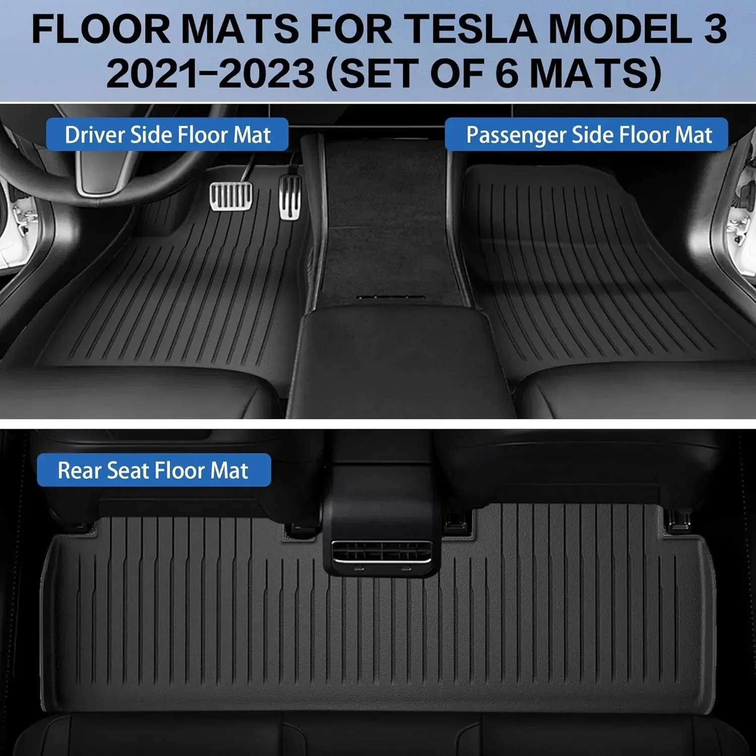 Floor Mats for Tesla Model 3 5-Seat 2021-2023 2022 All Weather TPE Cargo Liner Floor Mats and Cargo Trunk Mats Accessories, Set of 6 Mats