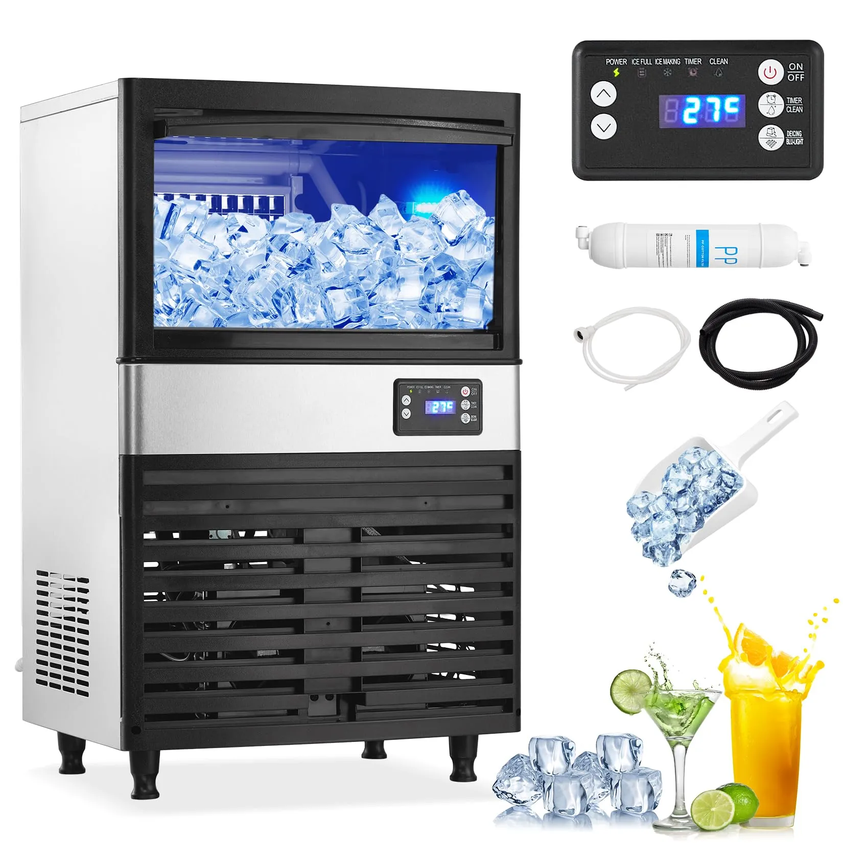 GARVEE 150LBS/24H Ice Maker, 30LBS Bin and Drain Pump, ith Blue Light Under Counter Ice Maker Machine, for hotels, restaurants, bars, cafes