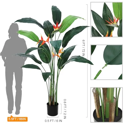 GARVEE Artificial Bird of Paradise Plant 6FT(72in) Fake Palm Tree for Indoor Outdoor Modern Decor Faux Plants for Home Office Perfect Housewarming Gift with 17 Trunks Faux Leaves and 3 Faux Flowers 2 Pack