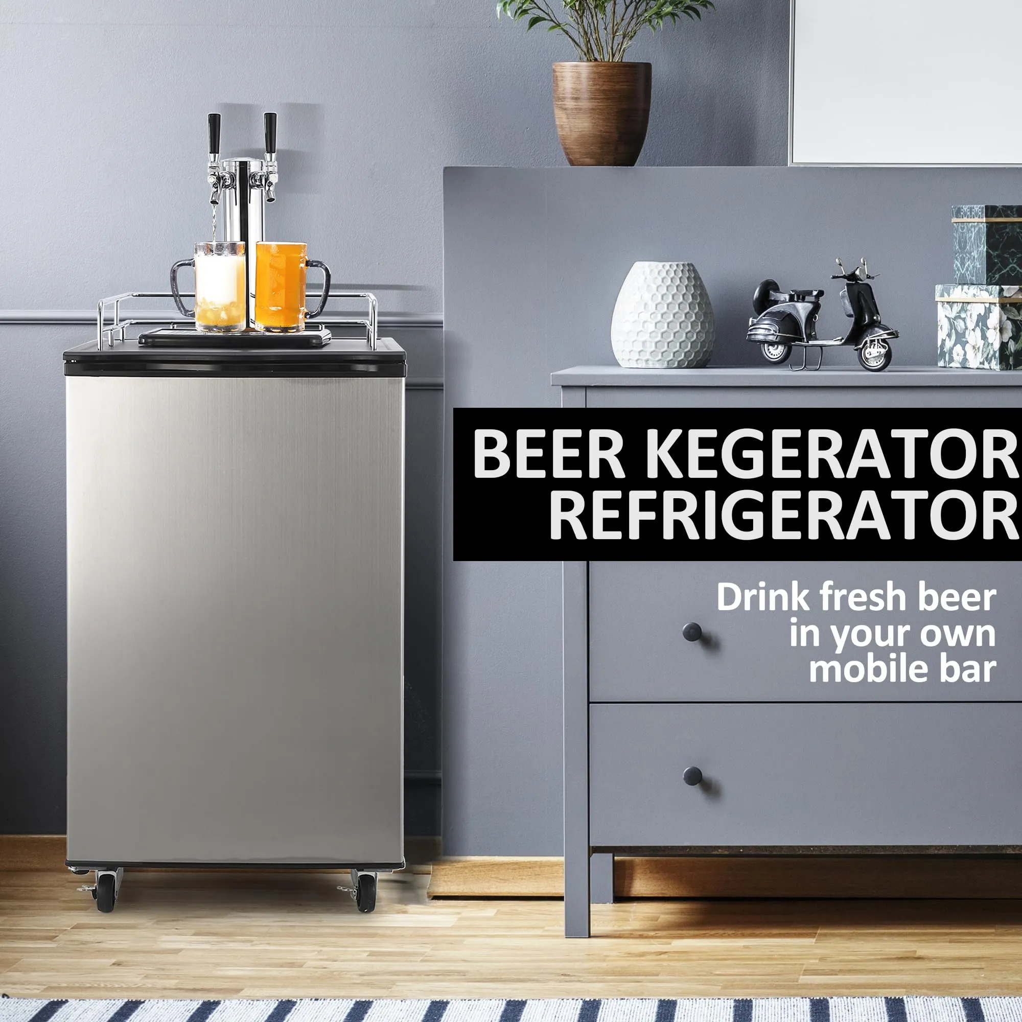 GARVEE Beer Kegerator, Dual Tap Draft Beer Dispenser, Full Size Stainless Steel Keg Refrigerator With Drip Tray, CO2 Cylinder, 32°F- 50°F Temperature Control, 170L