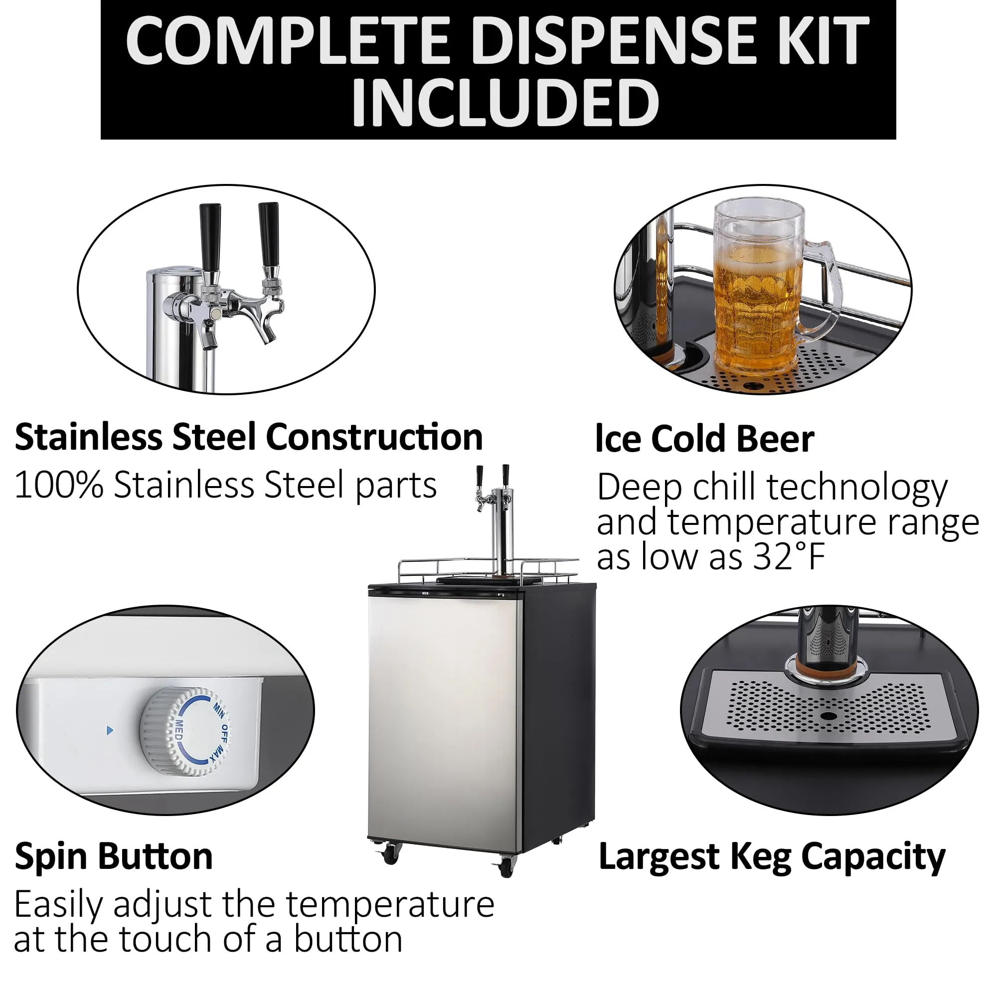 GARVEE Beer Kegerator, Dual Tap Draft Beer Dispenser, Full Size Stainless Steel Keg Refrigerator With Drip Tray, CO2 Cylinder, 32°F- 50°F Temperature Control, 170L