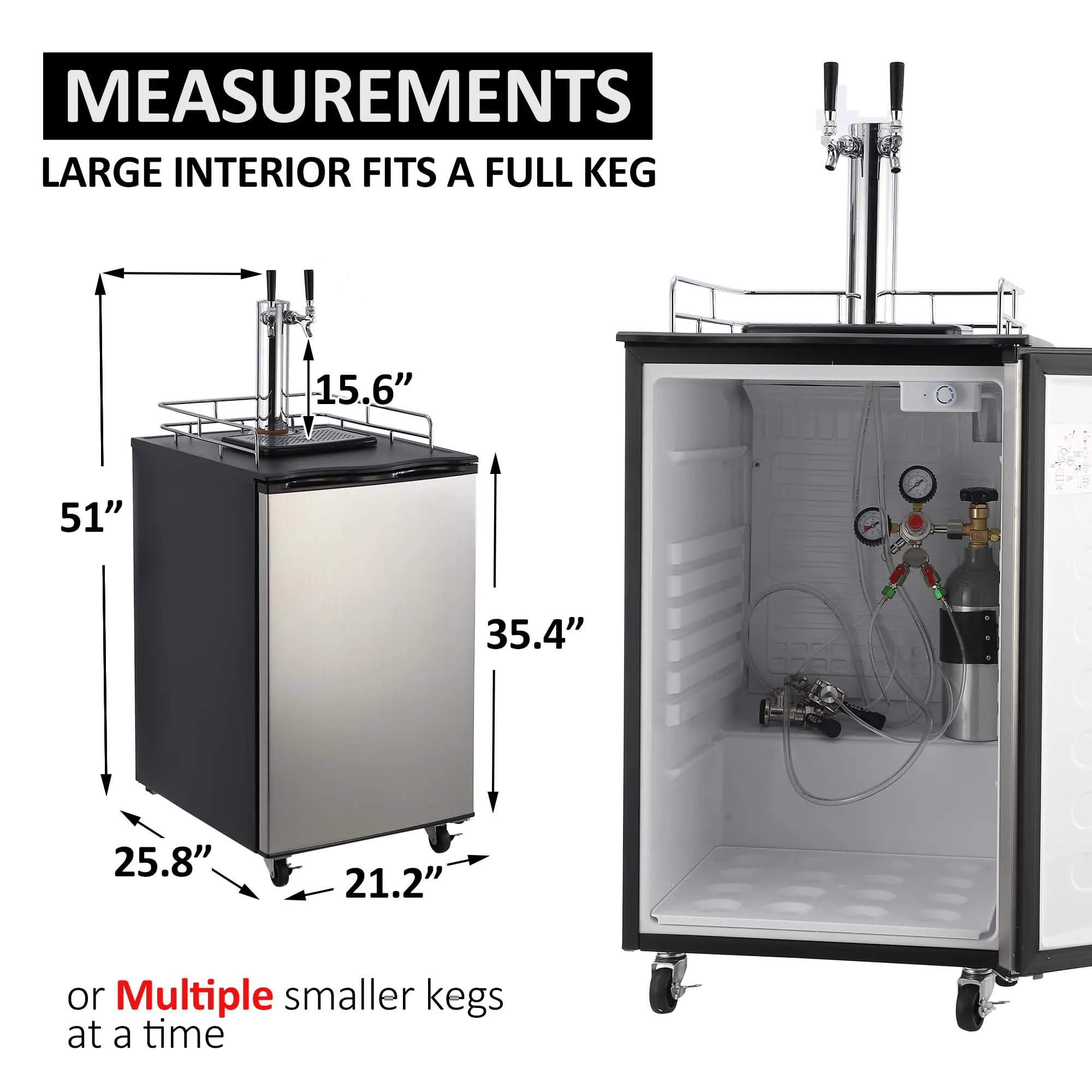 GARVEE Beer Kegerator, Dual Tap Draft Beer Dispenser, Full Size Stainless Steel Keg Refrigerator With Drip Tray, CO2 Cylinder, 32°F- 50°F Temperature Control, 170L