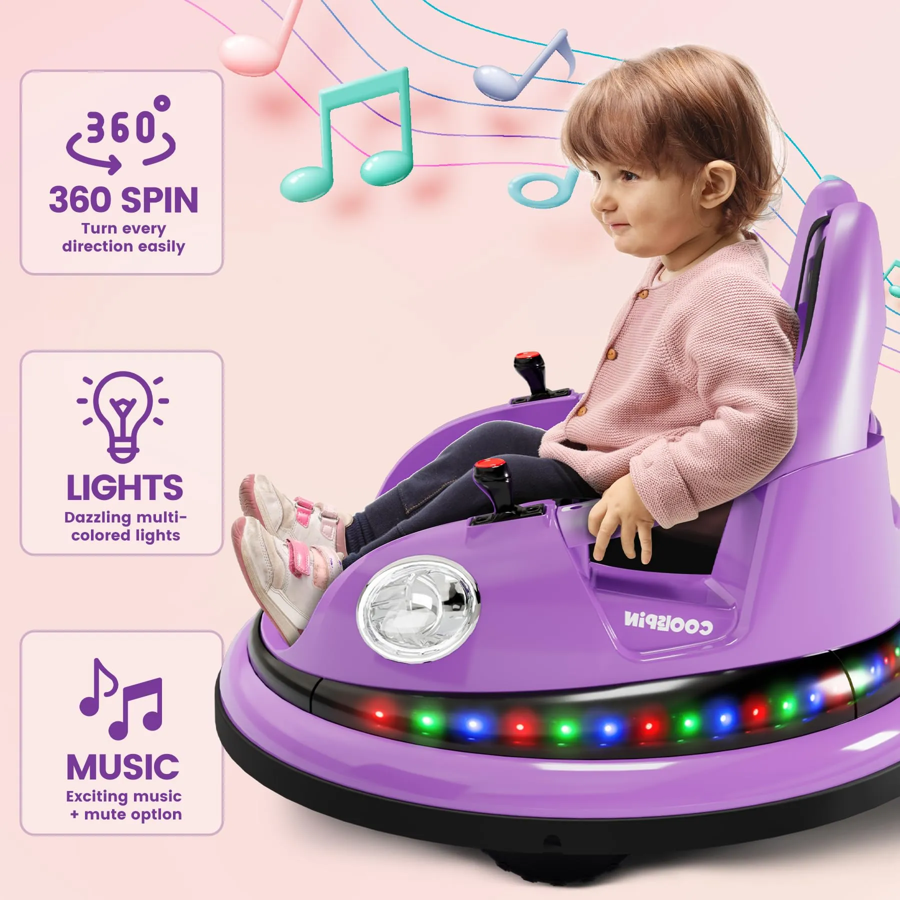 GARVEE Electric Bumper Car for Kids, 12V Ride on Toddler Bumping Car W/Remote Control, LED Lights & 360 Degree Spin, ASTM Certified - Purple