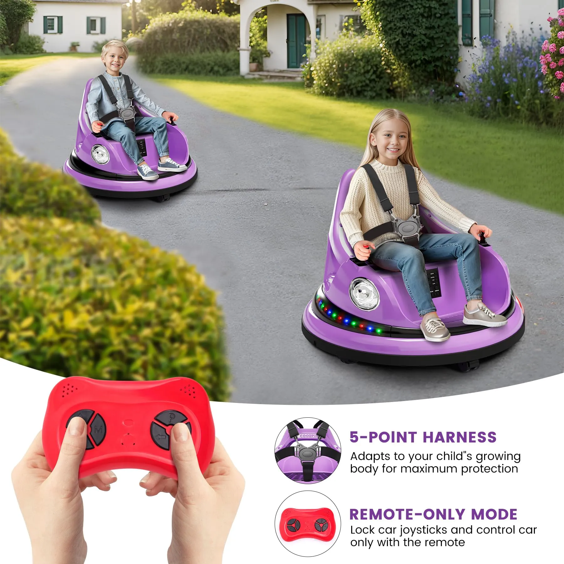 GARVEE Electric Bumper Car for Kids, 12V Ride on Toddler Bumping Car W/Remote Control, LED Lights & 360 Degree Spin, ASTM Certified - Purple