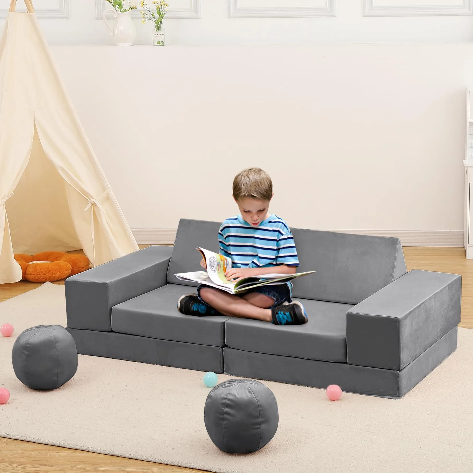 GARVEE Kids Couch, 12 Pcs Nugget Couch Kids Sofa for Playroom, Toddler Sofa Moudlar Kids Play Couch, Child Sectional Sofa Convertible Foam Couch for Boys and Girls, Dark Grey