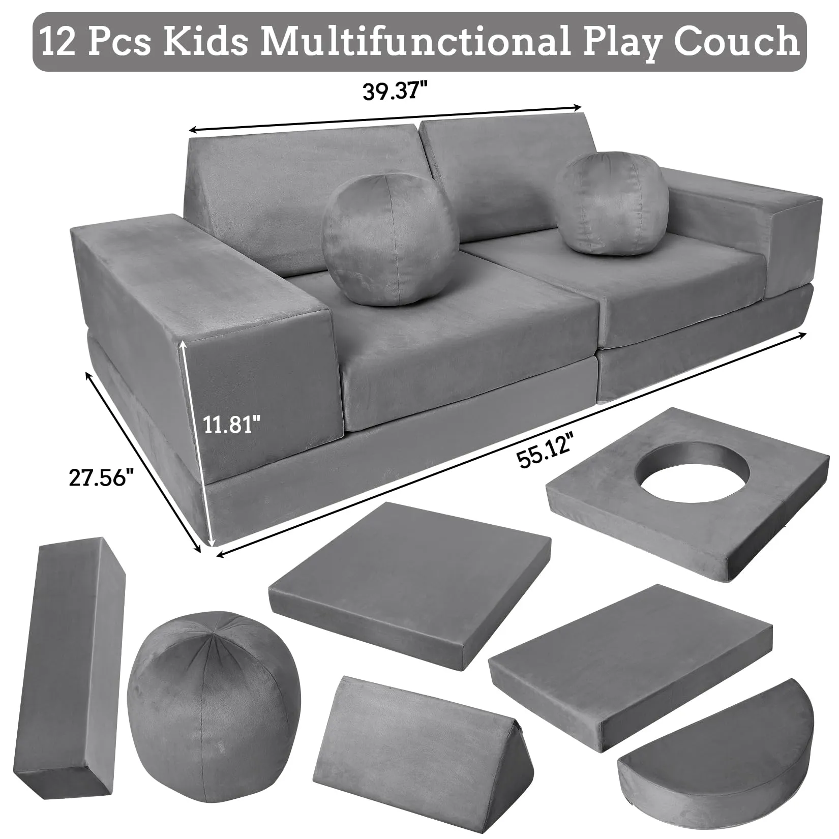 GARVEE Kids Couch, 12 Pcs Nugget Couch Kids Sofa for Playroom, Toddler Sofa Moudlar Kids Play Couch, Child Sectional Sofa Convertible Foam Couch for Boys and Girls, Dark Grey